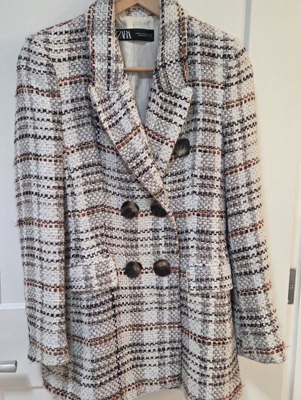 Zara Tweed Blazer Jacket XS Double Breasted Plaid Boucle Neutral Academa Cottage